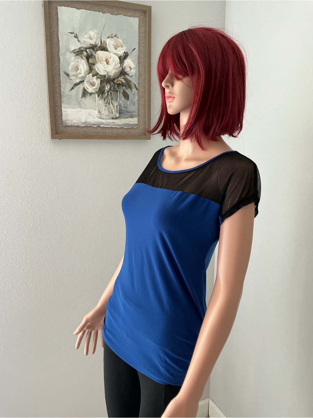 Free Kisses Royal Blue Short Sleeve Top with Black Mesh Yoke
